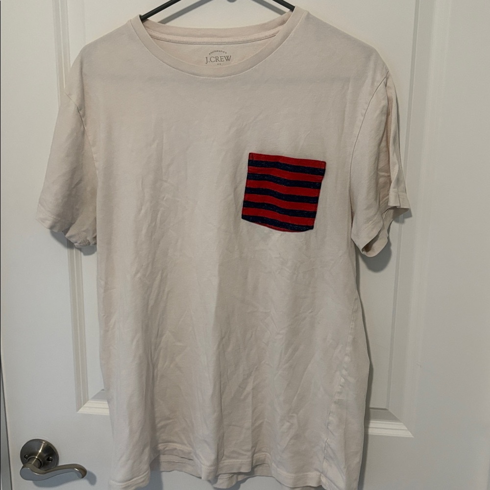 Large J. Crew Off-White Tee with Red and Black Striped Pocket